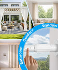 White No Drill Tension Curtain Rods Extends From 41 To 146 Inches shown in outdoor, window, and bathroom settings