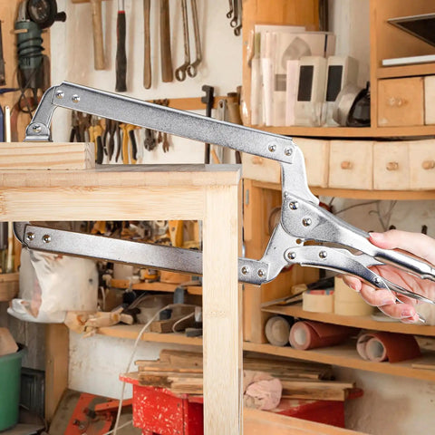 3 Pack 18 Inch Deep C Clamps With Swivel Pads in use for woodworking on workshop table.