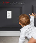 Screwless Decorator Wall Plate 1-Gang White Gloss Finish Outlet Cover, kid reaching, dark wall background
