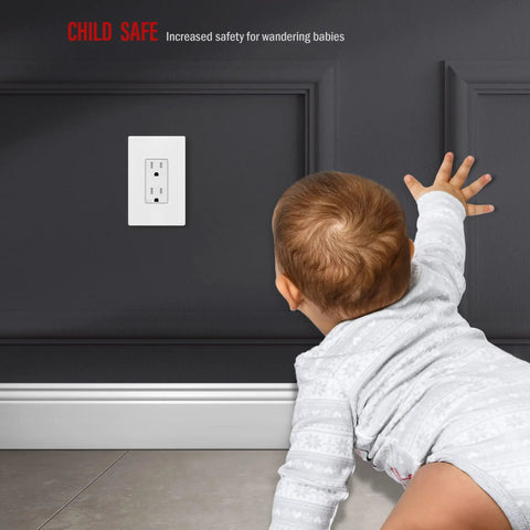 Screwless Decorator Wall Plate 1-Gang White Gloss Finish Outlet Cover, kid reaching, dark wall background
