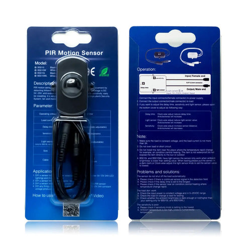 12V 24V DC Motion Sensor Light Switch Black PIR Occupancy Controller With Adjustable Delay And Sensitivity 3A Load Hands Free Auto On Off Ideal For Kitchen Cabinets Pantry Closet And LED Tape Lighting, packaged