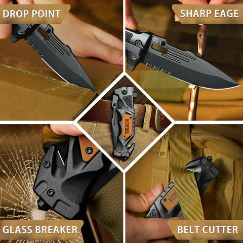 Pocket Folding Knife For Men 3 Point 9 Inch Survival Tool with Liner Lock Belt Clip Seat Belt Cutter Glass Breaker Serrated Blade