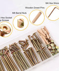 All In One Crib Screws And Nuts Kit For Beds Chairs And Furniture With Barrel Nuts And Wooden Dowel Pins Wrench Included 54 Pieces In 9 Sizes M6 Screws Ranging 16 To 80mm shown with components in box viewed from top