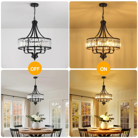Modern Black Crystal Chandelier With 5 Lights, Farmhouse Style Dining Room Fixture, Adjustable Height in off and on settings.