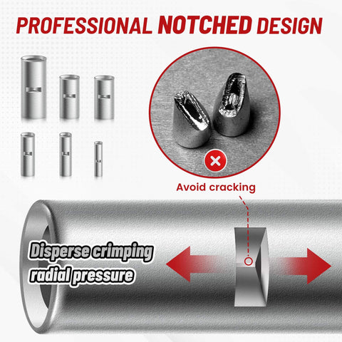 Uninsulated Butt Connector Kit Copper Wiring Ferrules 26 To 8 AWG 6 Sizes 100 PCS Non Insulated Wire Connectors with notched design showing pressure dispersal.
