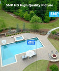 All In One Wireless Security Camera System with 15 Inch LCD Monitor showing 5MP outdoor image quality of a backyard pool area