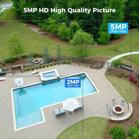 All In One Wireless Security Camera System with 15 Inch LCD Monitor showing 5MP outdoor image quality of a backyard pool area