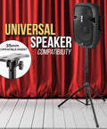 Beefy Rubber Capped Tripod Stand With Adjustable Height From 36.2 To 58 Inches Locking Safety Pin 35mm Mount Insert shown with speaker