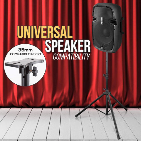 Beefy Rubber Capped Tripod Stand With Adjustable Height From 36.2 To 58 Inches Locking Safety Pin 35mm Mount Insert shown with speaker