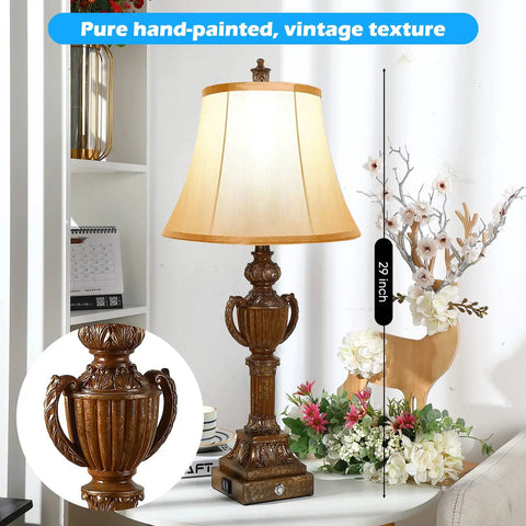 29 Inch Touch Control Traditional Table Lamps Set Of 2 Bronze Finish Bedside Lamps With Dual USB Ports And 1 AC Outlet Create Cozy Vibe In Bedroom Or Living Room Two Bulbs Included displayed on a shelf next to decorative items