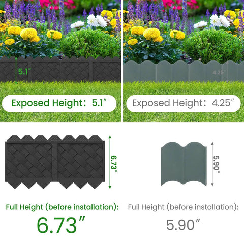 Comparison of 30Ft Plastic Landscape Edging Border With 5.1 Inch Exposed Height, 6.73 Inch Total Height, and another edging border.