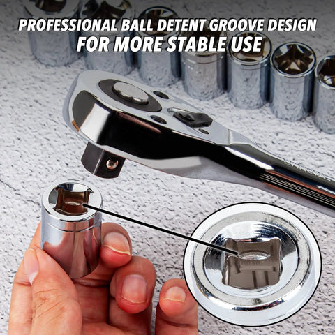 Close-up of 205 Piece Ratchet Wrench Tool Set With 1/4, 3/8, 1/2 Inch Drives, SAE And Metric Socket Kit showing chrome finish.