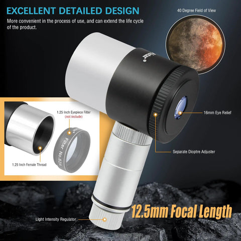Illuminated Reticle Eyepiece for 1.25 Inch Telescopes with Red Crosshair and LED Illuminator, 12.5mm Focal Length