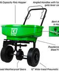 80 Pound Lawn And Garden Broadcast Spreader With Weatherproof Poly Hopper showcasing 10 inch tires, pull bar lever, 15 setting gate