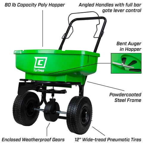 80 Pound Lawn And Garden Broadcast Spreader With Weatherproof Poly Hopper showcasing 10 inch tires, pull bar lever, 15 setting gate