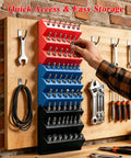 Person accessing 45 Degree Angled Hex Bit Organizer With 21 Hole Drill Bit Holder, Modular Interlocking Wall Or Pegboard Mount, black color.