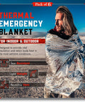 Person wrapped in Six Pack Emergency Mylar Blankets for Survival Gear and Outdoor Kits Space Blankets Reflective Aluminum Foil Thermal Warmth.