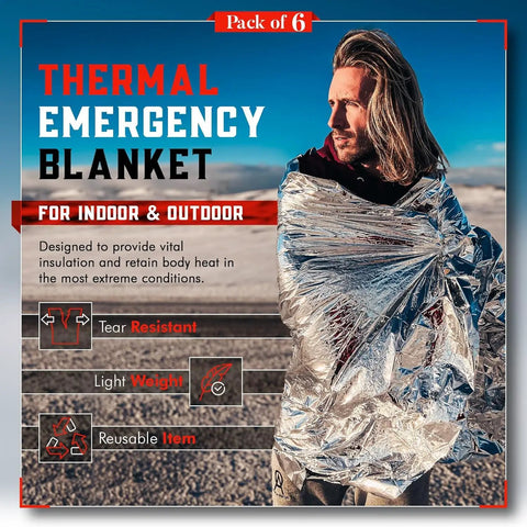Person wrapped in Six Pack Emergency Mylar Blankets for Survival Gear and Outdoor Kits Space Blankets Reflective Aluminum Foil Thermal Warmth.