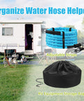 RV Heated Water Hose For Campers, 30 Ft Long, Five Eighth Inch Inner Diameter, Upgraded 4.0 With Energy Saving Thermostat, Keeps Drinking Water Flowing Without Freezing Down To Minus 45 Fahrenheit, Includes Storage Bag on grass by camper with storage bag