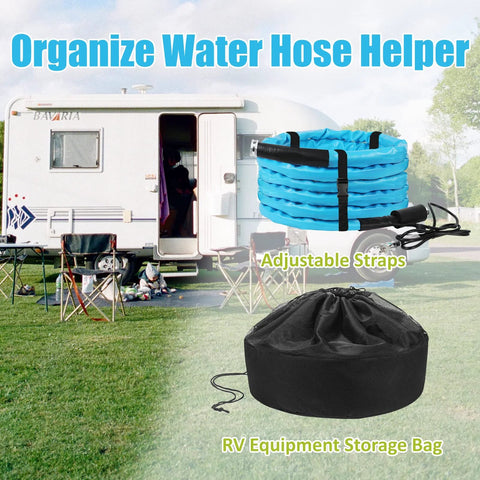 RV Heated Water Hose For Campers, 30 Ft Long, Five Eighth Inch Inner Diameter, Upgraded 4.0 With Energy Saving Thermostat, Keeps Drinking Water Flowing Without Freezing Down To Minus 45 Fahrenheit, Includes Storage Bag on grass by camper with storage bag