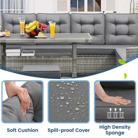 6 Piece Outdoor Patio Furniture Set With Sectional Sofa, Dining Table And Chairs, All Weather Dining Set With Removable Cushion Covers, Gray