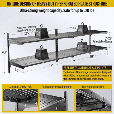 Two Pack Heavy Duty Wall Mounted Garage Shelves, Two Tier 1.3x3ft Units With 15.6x36 Inch Per Shelf, Adjustable Floating Storage