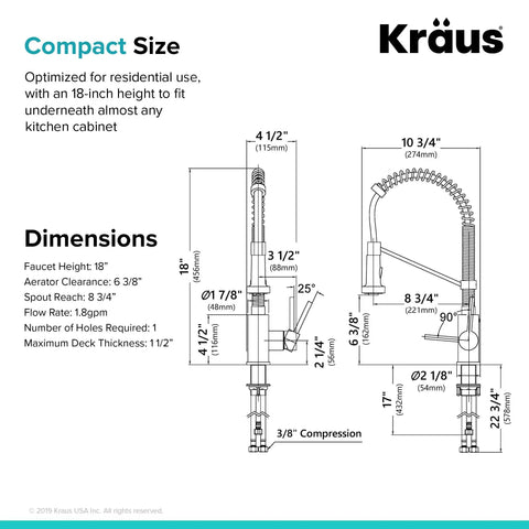 Technical diagram of Bolden Commercial Style Pull Down Kitchen Faucet With Two Function Single Handle Chrome Finish High Arc Coil Spout Eighteen And Three Quarters Inches Tall And Spout Reach Eight And Five Eighths Inches Built For Busy Kitchens Pro Grade