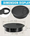 Premium 2 3 8 Inch Spring Desk Grommet And Hassle Free Cable Hole Cover dimensions display with black plastic caps.