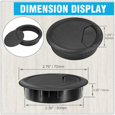 Premium 2 3 8 Inch Spring Desk Grommet And Hassle Free Cable Hole Cover dimensions display with black plastic caps.