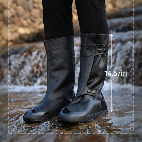 Person wearing Heavy Duty Waterproof Shoe Covers Overshoes For Men And Women PVC Seamless Rain Boots Slips Resistant Soles XL