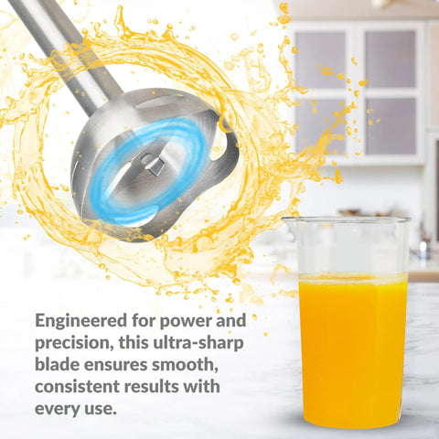 Heavy Duty 4 In 1 Immersion Hand Blender With Rock Solid 500W Motor And Two Speed Settings Featuring Splash Control Tech and Versatile Attachments for your Daily Kitchen Hustle blending orange juice.