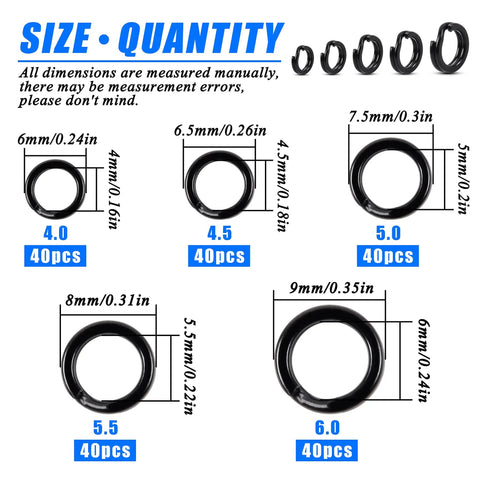 Fishing Split Rings Assortment Kit With 200 Pcs Stainless Steel Rings, sizes 4.0 to 6.0 mm, showing ring sizes and quantities