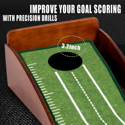 Indoor Golf Putting Green Mat For Home Practice With Auto Ball Return Portable And Easy To Set Up Wrinkle Free Natural Rubber Surface With Solid Wood Base showing hole and precision drills