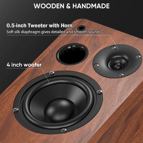 Close-up of Bluetooth Bookshelf Speakers 40W X 2 With 4 Inch Woofer, Turntable Ready Boss Sound System, showing tweeter and woofer.