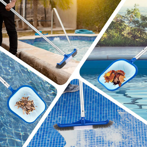 3 Piece Pool Cleaning Kit With Skimmer Net And Long Reach 47 Inch Aluminum Pole Plus Debris Brush For Above Ground And Inground Pools Ponds Spas Hot Tubs Easy Clean used to remove leaves from pool water