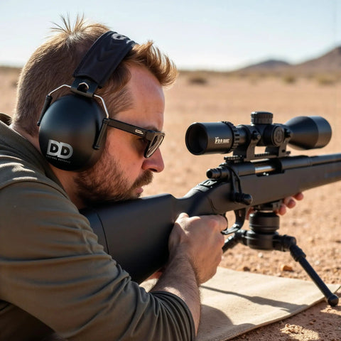 Man using Ultra Comfy 37 Db NRR Safety Ear Muffs For Shooting And Industry Work High Noise Reduction Earmuffs for shooting rifle
