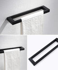 Matte black 24-inch towel bar from Dope Matte Black 4-Piece Bathroom Hardware Set With 24-Inch Towel Bar, Towel Ring, Toilet Paper Holder, And Coat Hook In 304 Stainless Steel, Wall Mounted Bath Rack For A Clean Modern Look, mounted on wall. Made from rust-resistant 304 stainless steel.