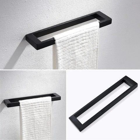 Matte black 24-inch towel bar from Dope Matte Black 4-Piece Bathroom Hardware Set With 24-Inch Towel Bar, Towel Ring, Toilet Paper Holder, And Coat Hook In 304 Stainless Steel, Wall Mounted Bath Rack For A Clean Modern Look, mounted on wall. Made from rust-resistant 304 stainless steel.