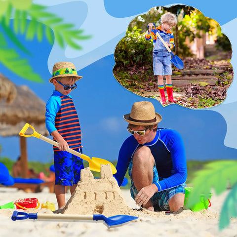 Child building sandcastle using Eight Pack Kids Beach Shovels Set With 22 Inch Plastic Scoops And Wooden Handles, beach scene