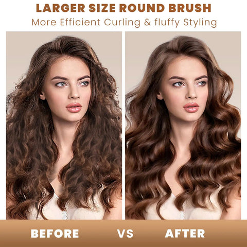 Before and after using Powerful Volumizing Round Brush Attachment For Airwrap Styler, showing big bouncy waves and smooth hair.