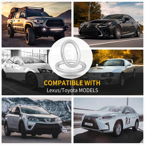 Collage of Toyota and Lexus cars with oil drain plug gasket overlay, compatible with both brands.