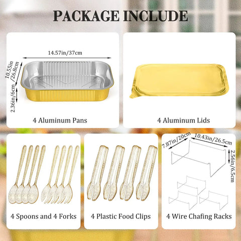 Four Sets Disposable Chafing Dishes Buffet Set With Chafer Wire Racks and Buffet Stand Kit Aluminum Pans Lids Utensils