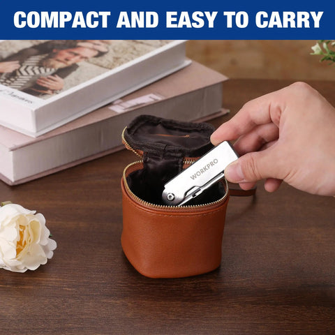 Hand holding Three Piece Quick Change Folding Pocket Utility Knife Set With Belt Clip For Easy One Hand Blade Swaps And Pro Grade Blade Compatibility.