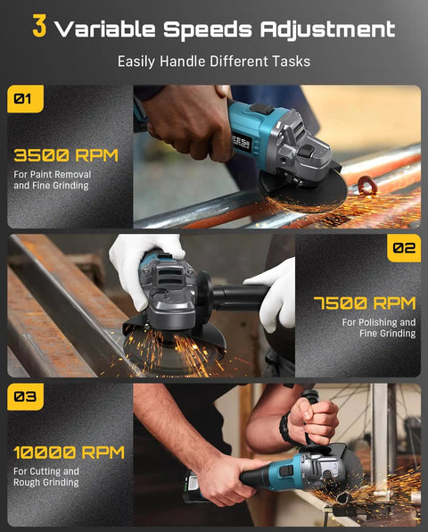 Cordless 4-1/2 Inch Angle Grinder With 21V Brushless Motor Dual 4.0Ah Batteries 10000 RPM in action, showcasing three speed settings