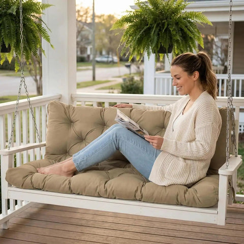 Woman reading on porch swing with replacement cushions for outdoor furniture 60x40 inch waterproof porch bench cushions for 2 to 3 seaters with ties and backrest 5 inch thick patio swing chair cushion for garden backyard easy to clean and breathable khaki