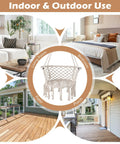 Macrame Hammock Chair With Tassels, Cozy Boho Hanging Swing for indoor or outdoor use in living room, bedroom, patio, porch.