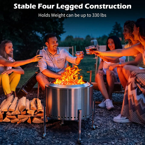 Firepit Stand With 360 Degree Swivel And Locking Wheels Stainless Steel Elevating Stand For 19.5 To 27 Inch Fire Pits Including Solo Stove Bonfire Yukon Great For Grilling And Chillin In The Backyard surrounded by friends around a fire