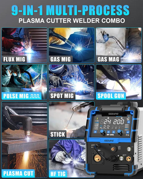 Beast 200A Plasma Cutter And Welder Combo With Nine In One Multiprocess Capabilities featuring control panel and welding modes.