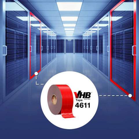 VHB double-sided acrylic foam tape 4611 dark gray, high-temp structural mounting adhesive, shown in server room application