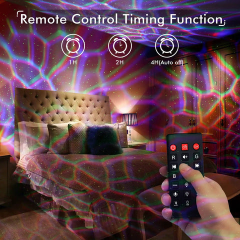 Epic Galaxy Projector Star Light With Bluetooth Speaker White Noise Machine Night Light in a bedroom setting with remote control